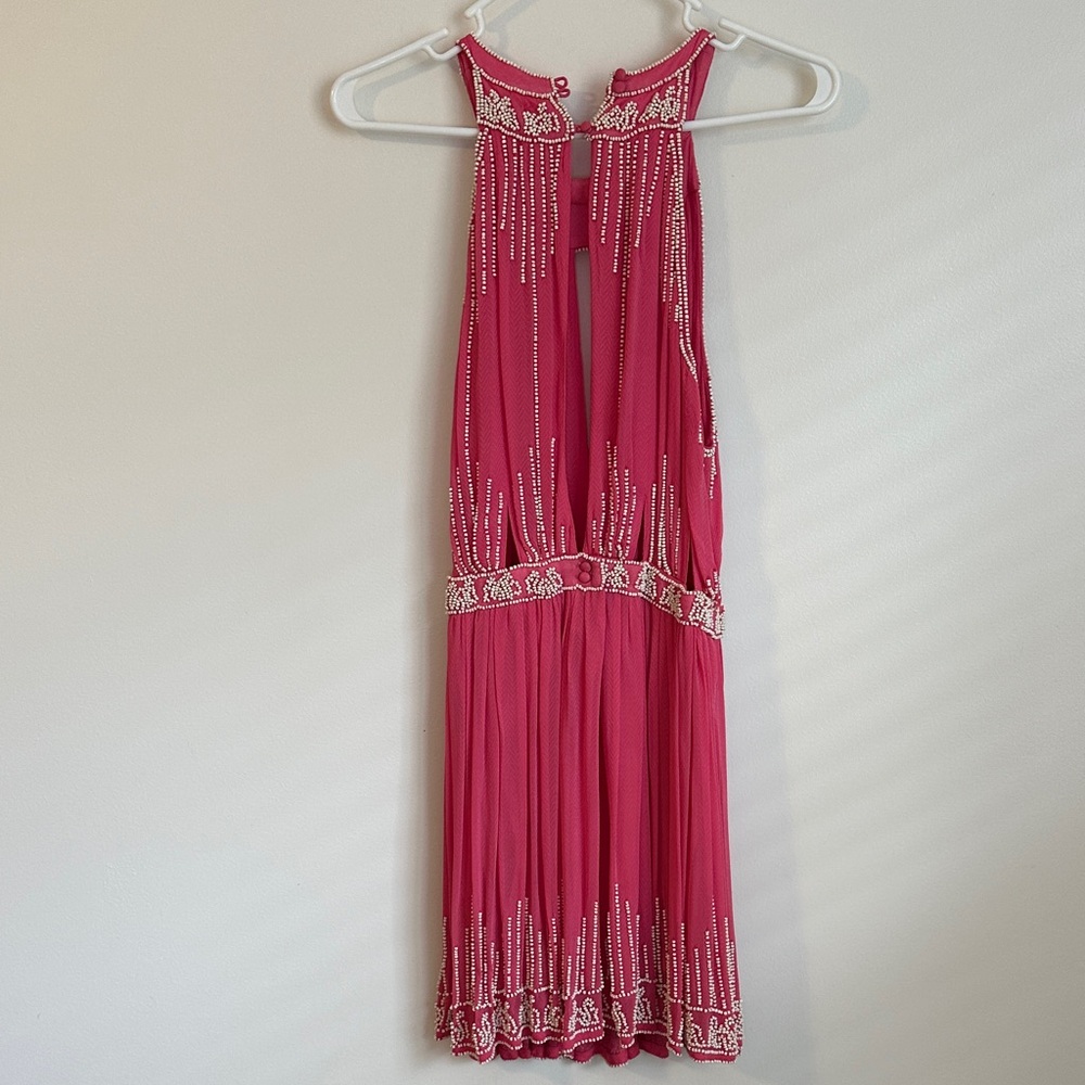 Free People Pink and Cream Beaded Halter Dress with Cutout